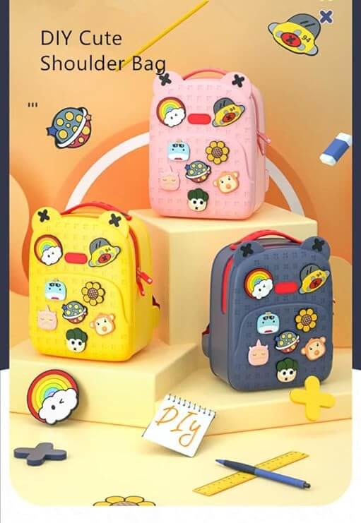 Durable and lightweight EVA material school backpack for young children, in a cheerful yellow hue with cute interchangeable cartoon decorations, offering protection against spills and easy cleaning, available at Usmile Toys.
www.usmile.toys